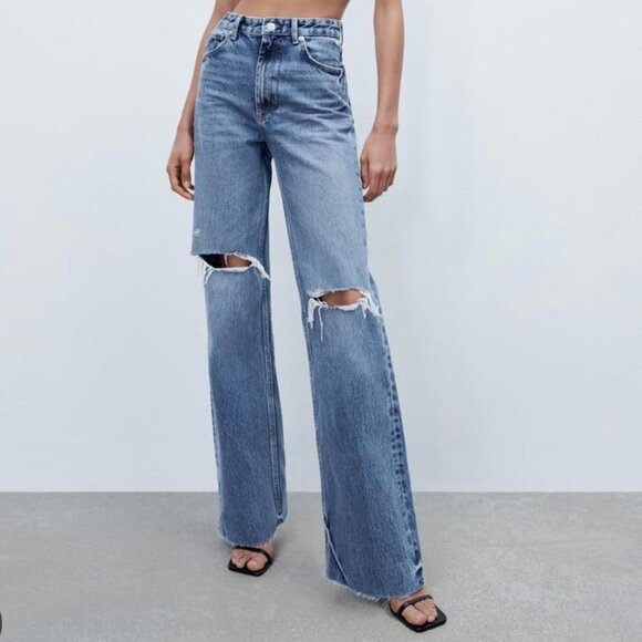 Zara High Waist Wide Leg Distressed Jeans - Picture 1 of 9